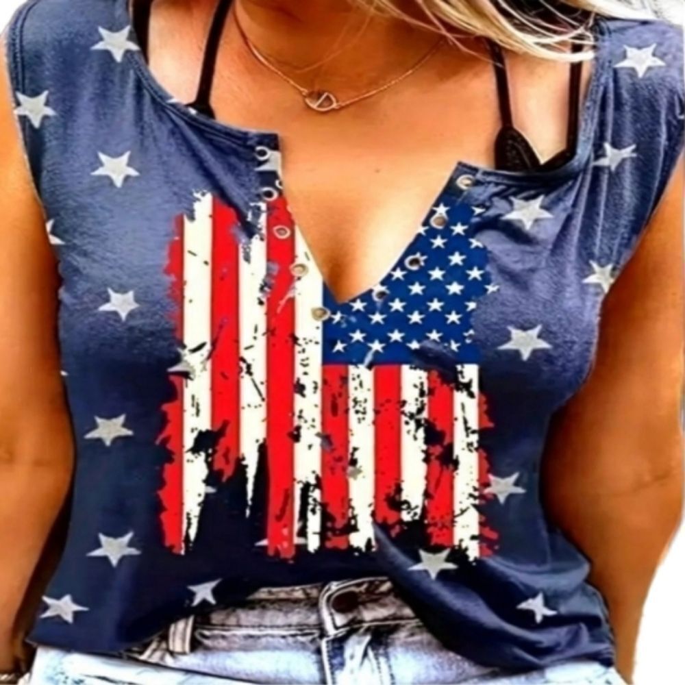 Ladies American Flag Print top, Vintage Button Front Sleeveless Independence Day